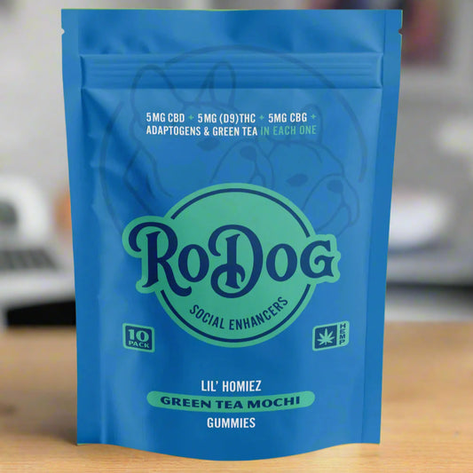 RoDog Lil’ Homiez’ Green Tea Mochi Gummies – 5mg D9, 5mg CBD, 5mg CBG, 400mg GMNG Per Serving; 10-Pack or 2-Pack