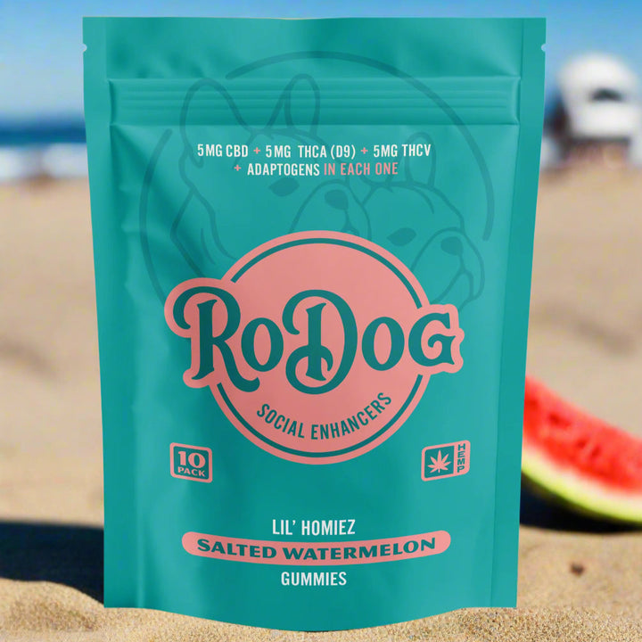 RoDog Lil Homiez’ Salted Watermelon Gummies – 5mg D9, 5mg CBD, 5mg THCV, 400mg GMNG Per Serving; Sugar Free; 10-Pack or 2-Pack