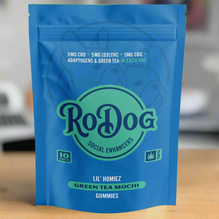 RoDog Lil’ Homiez’ Green Tea Mochi Gummies – 5mg D9, 5mg CBD, 5mg CBG, 400mg GMNG Per Serving; 10-Pack or 2-Pack